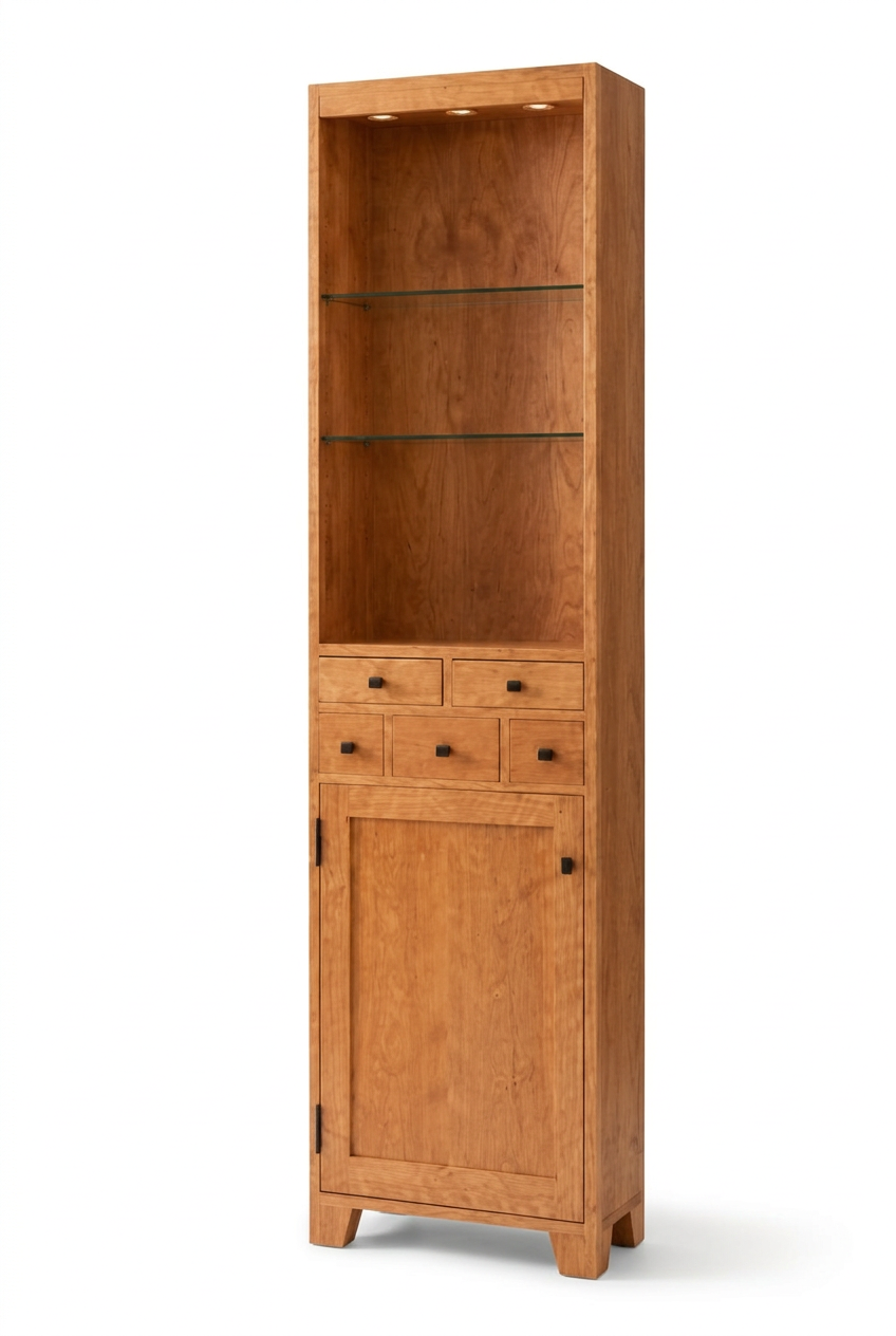 All-cherry curio cupboard on a white background