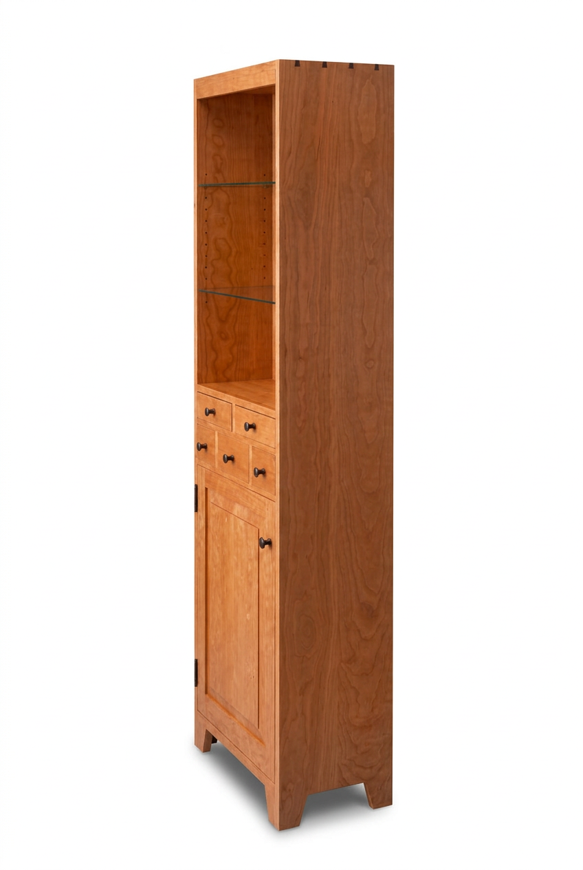 All-cherry curio cupboard with a plain side