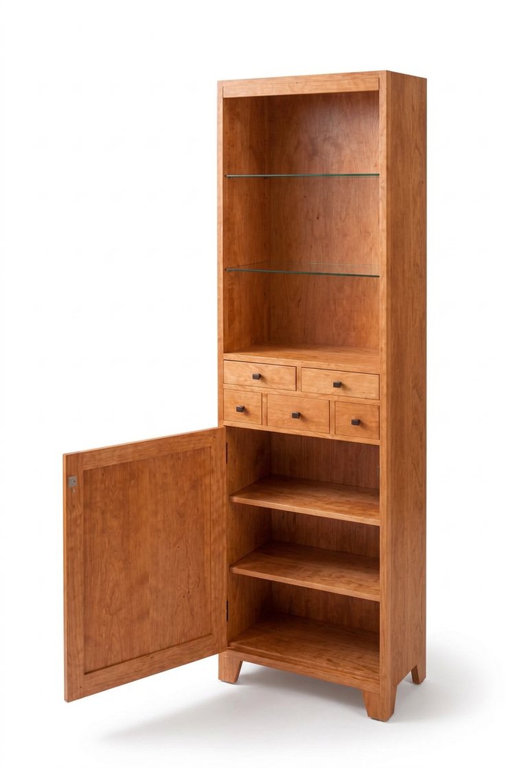 All-cherry curio cupboard with lower door open on a white background