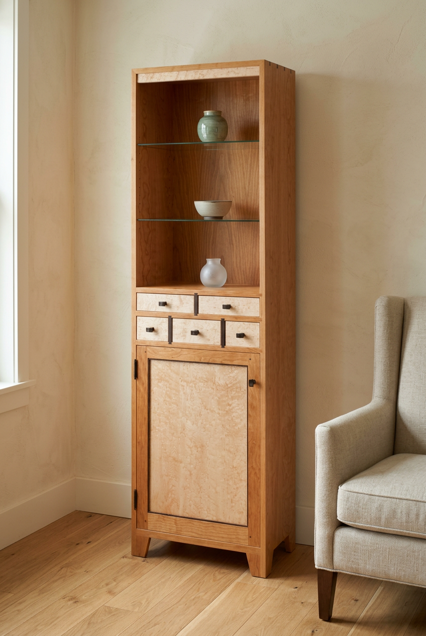 Cherry and bird’s-eye maple curio cupboard in an editorial room setting