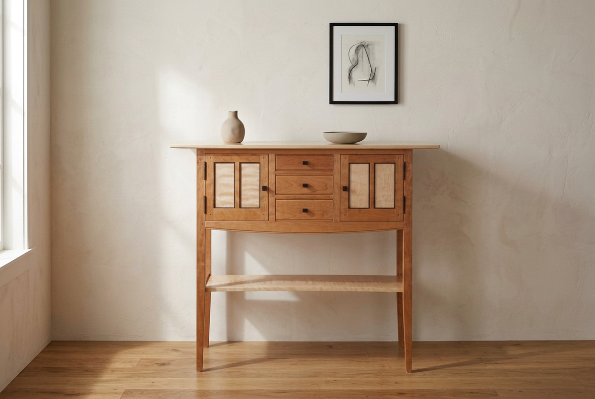 Foyer sideboard positioned flat against the wall