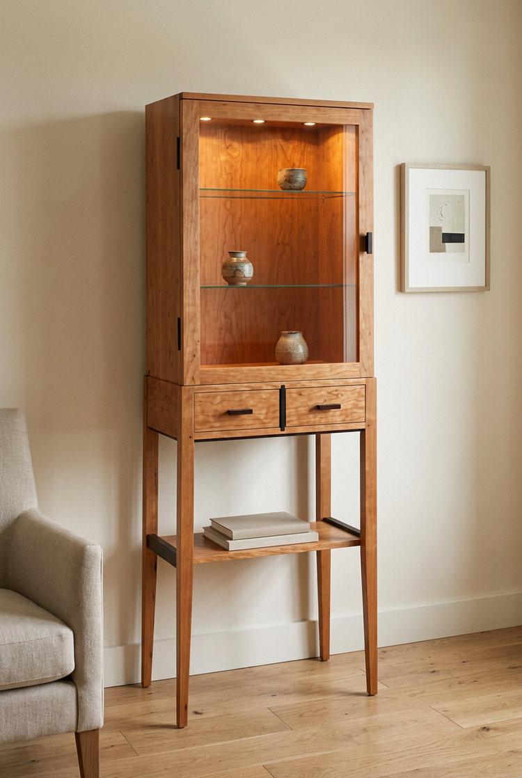 One-door cherry lighted display cabinet in a refined living room