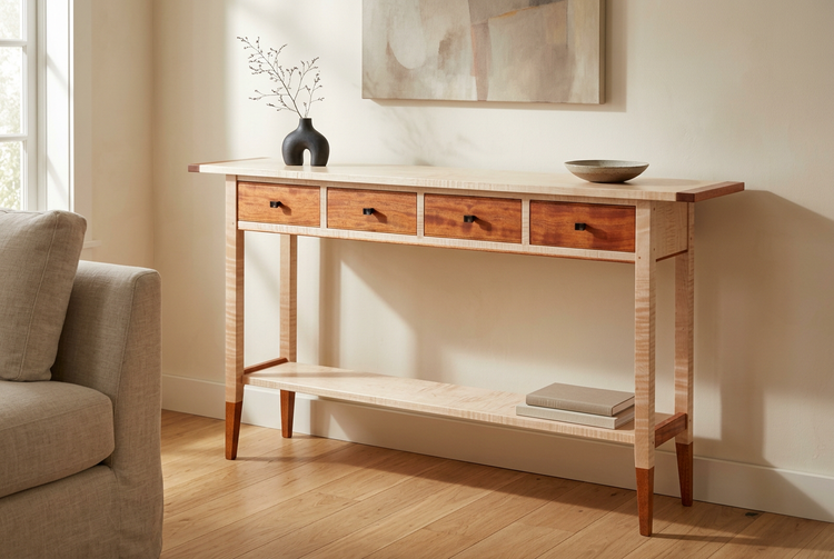 Tiger maple four-drawer console table in a refined living room