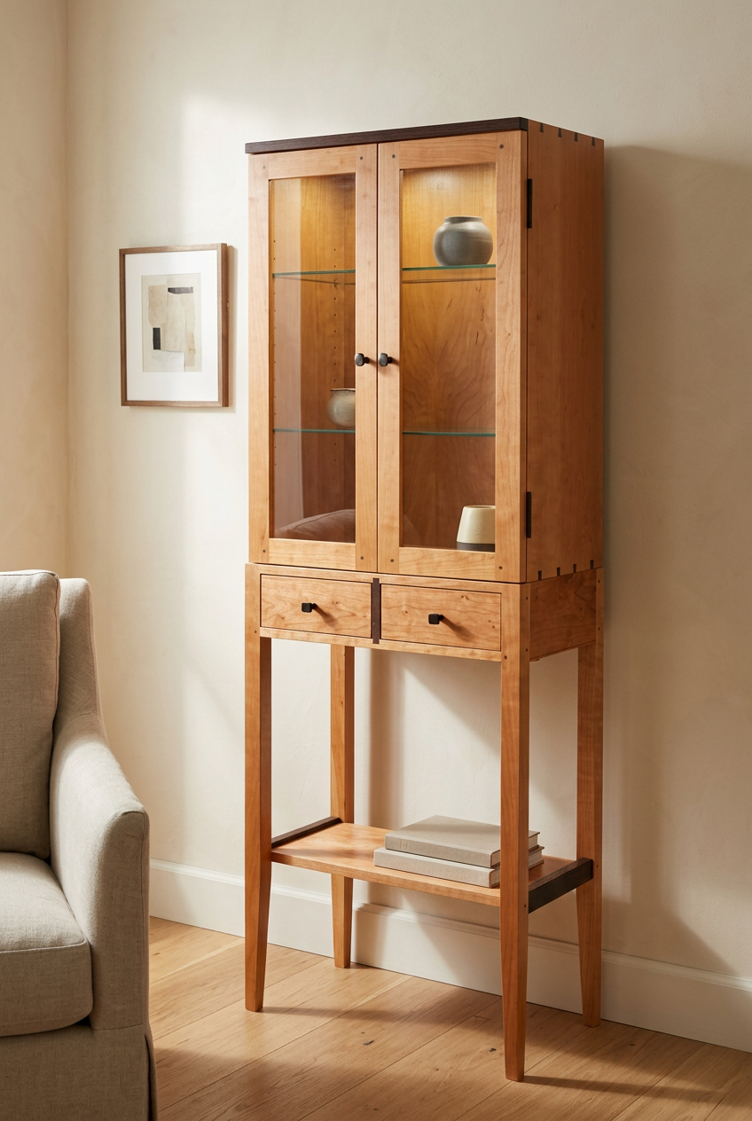 Two-door cherry lighted display cabinet in an editorial living-room setting